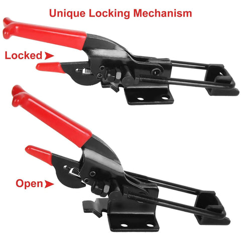 Four Pack Beefy Heavy Duty Toggle Latch Clamps Self Locking Adjustable, 700 Lbs Holding Capacity, Black High Carbon Steel, Open and Locked