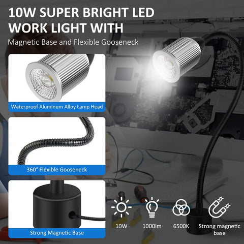 10W Magnetic LED Work Light With Flexible Gooseneck And Magnetic Base 1000 Lumen 6500K White Light shown in parts