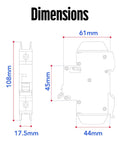 Dimensions diagram of UL489 Listed Mini Circuit Breaker 5 Amp C Curve for 277VAC 60VDC, 10kAIC, DIN Rail Mount, Non Polarized MCB.