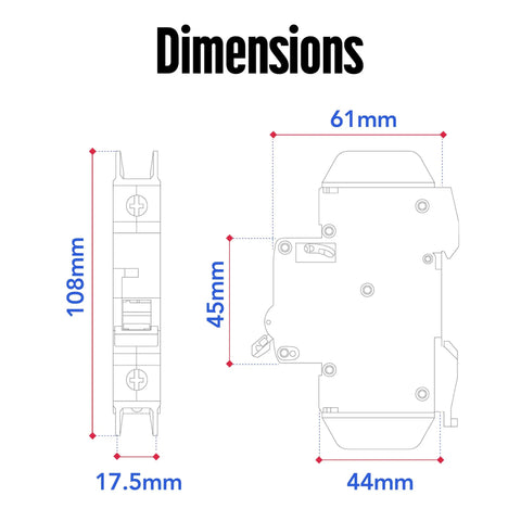 Dimensions of Compact UL489 Mini Circuit Breaker 2 Amp C Curve 277VAC 60VDC 10kAIC DIN Rail Mount Non Polarized MCB.