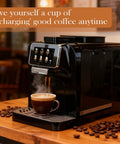 Top Shelf Fully Automatic Espresso Coffee Machine With Built In Milk Cooler And Precision Burr Grinder Featuring A Crisp Touchscreen making coffee in a stylish setting.
