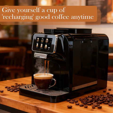 Top Shelf Fully Automatic Espresso Coffee Machine With Built In Milk Cooler And Precision Burr Grinder Featuring A Crisp Touchscreen making coffee in a stylish setting.