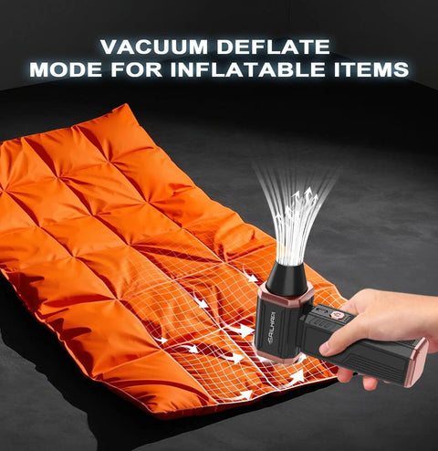 High Speed Cordless Air Duster 300000 RPM Turbo Blower with variable speed deflates an orange inflatable item.