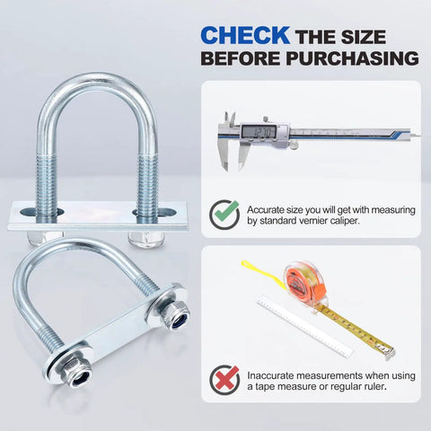 Rock Solid Carbon Steel U Bolts 2 Pack Round U Bolt Kits M8x60x84 showcasing size measurement tools for proper installation.