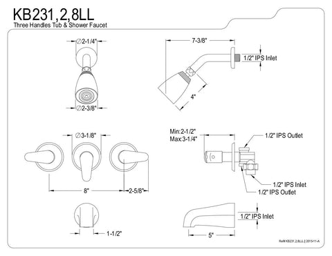 Technical diagram of Magellan Tub And Shower Faucet With 3 Legacy Lever Handle Polished Brass Wall Mount