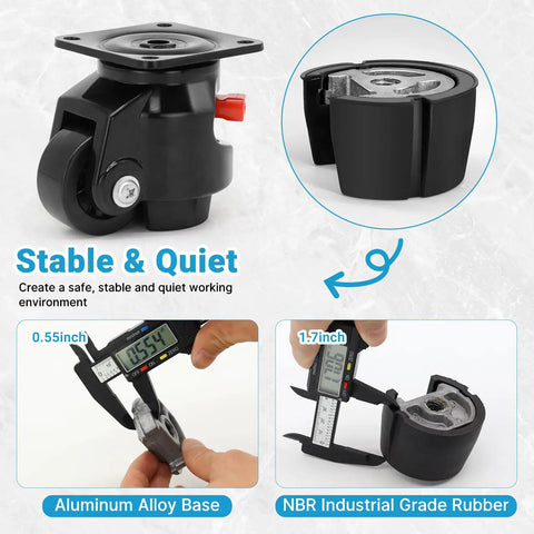 Top Shelf Leveling Casters Set Of 4 Beast Mode Ratchet Arm Base With 3300 Lbs Capacity showcasing aluminum base and rubber components.