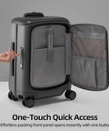 Side view of a Hang Safe Carry On Luggage With USB Port And TSA Lock Lightweight Zipperless Hard Shell Spinner Rolling Suitcase with open front pocket