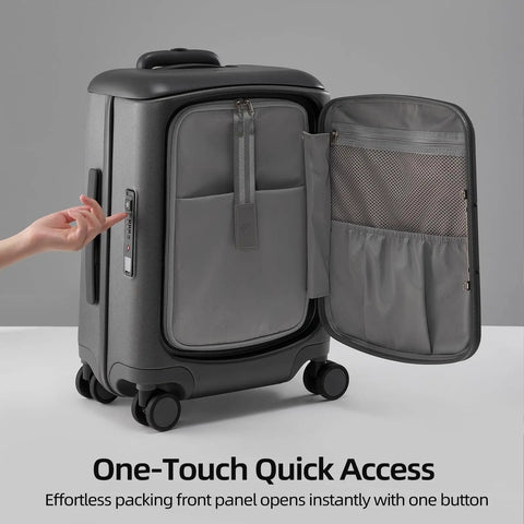 Side view of a Hang Safe Carry On Luggage With USB Port And TSA Lock Lightweight Zipperless Hard Shell Spinner Rolling Suitcase with open front pocket