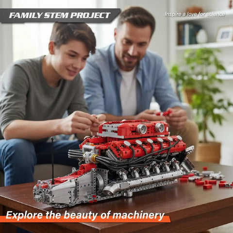 DIY V12 Engine Model Kit With 3472 Pieces For Teens And Adults Hands On Engine Project STEM Building Set For Mechanics Enthusiasts Educational Hobby Gift And Realistic Engine Showcase assembled on table