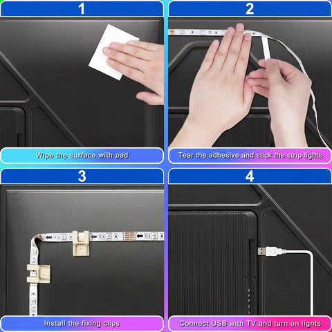 Steps to install 55 To 65 Inch TV LED Backlight Kit With Bluetooth App And Remote Control Strip Lights Immersive Music Sync RGB USB Bias Lighting