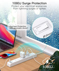 Two Pack Flat Plug Power Strip With Six Outlets And Four USB Ports USB A And USB C Surge Protector, placed on a desk near a window.