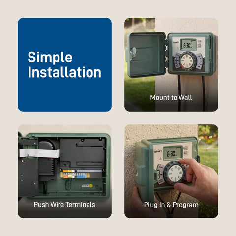 Simple installation of 9-Station Outdoor Sprinkler Timer with indoor and outdoor locking cabinet, showcasing wiring and programming features.