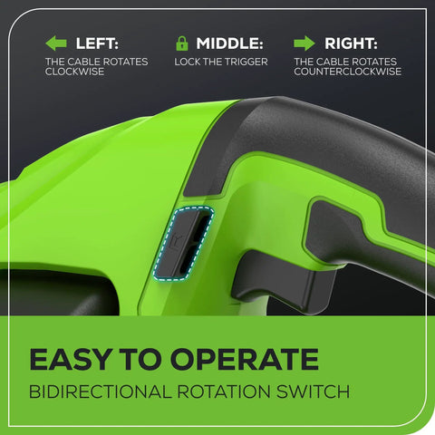 Close-up of Cordless 24V Drain Auger Snake handle showing bidirectional rotation switch with control options.