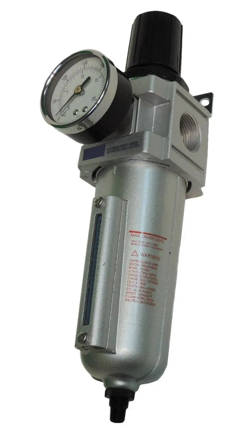 Inline Heavy Duty Air Filter Regulator Combo With Piggyback Metal Bowl And Visible Sight Glass Five Micron Element Auto Drain Three Quarter Inch NPT Inlet 140 CFM 175 PSI Includes Wall Mount Bracket And Gauge