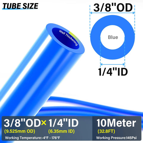 3/8 Inch OD PU Air Tubing Kit 10 Meter Length, blue polyurethane tube size and specifications