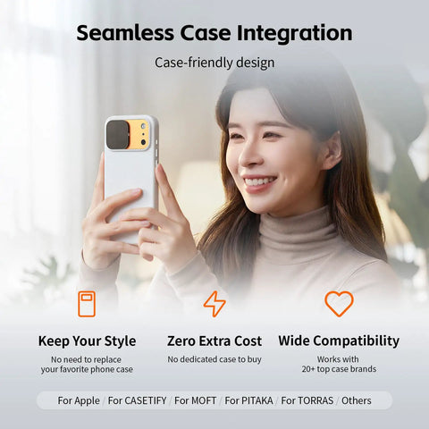 Woman holding iPhone with Magnetic Lens Filter Kit For iPhone 17 Pro Max With Base Mount Black Mist Diffusion Quarter Filter