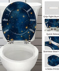 Round Resin Toilet Seat for Bathroom with galaxy design, adjustable fittings, and stainless steel hinge.