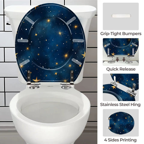 Round Resin Toilet Seat for Bathroom with galaxy design, adjustable fittings, and stainless steel hinge.