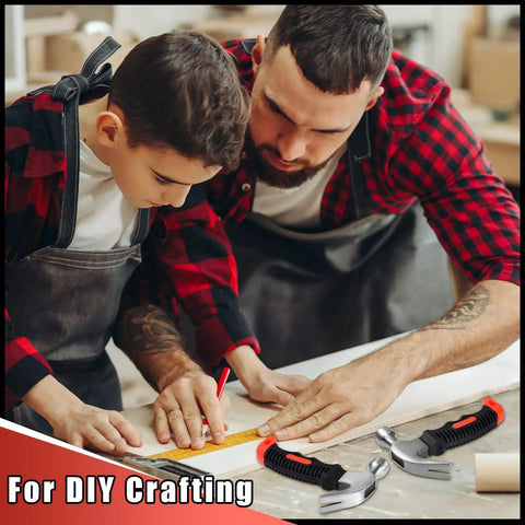 Father and son crafting with 8 Piece Small Hammer Set 8 Oz Mini Claw Hammers For Kids And Adults, Lightweight DIY Hammer Kit, Orange And Black