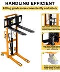 Heavy Duty Manual Pallet Stacker 2200 Lb Capacity With 63 Inch Lift Height Fixed Leg Design And Adjustable Forks, safety features