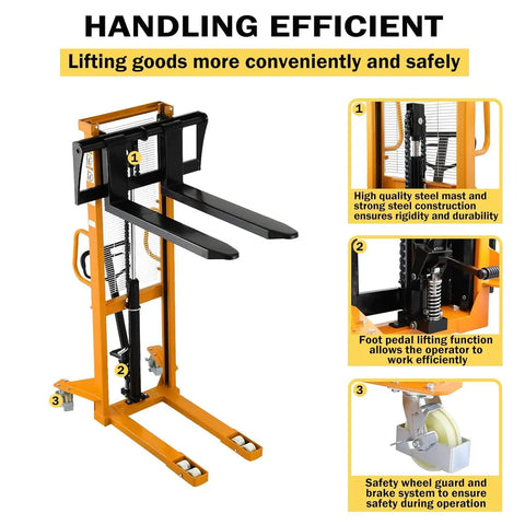 Heavy Duty Manual Pallet Stacker 2200 Lb Capacity With 63 Inch Lift Height Fixed Leg Design And Adjustable Forks, safety features