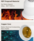 Close-up of E12 To E26 Light Socket Adapter 2 Pack showing PBT fireproof material and copper core for E26 E27 converters.