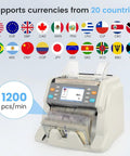 Heavy Duty Money Counter Machine For Multi Currency Bill Scanning And Smart Counterfeit Detection With Auto Serial Logging And No Sweat Cash Handling For Daily Money Managers And Hustlers showing supported currencies and counting speed of 1200 pcs/min.