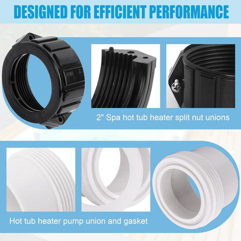 XT hot tub heater split-nut union, 2-inch half-slip, with white pump union and gasket.