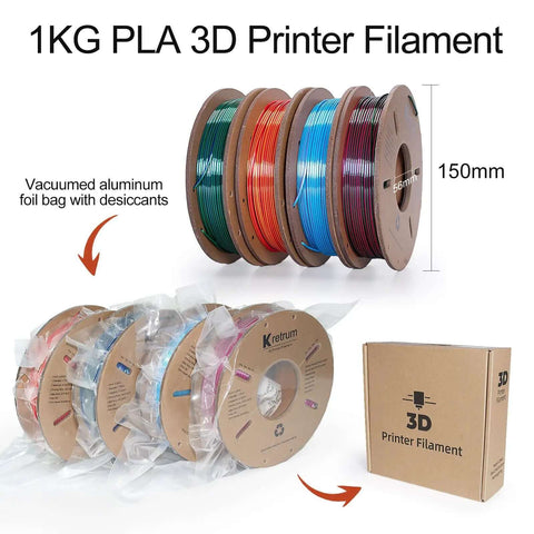 Silk Dual Color PLA Filament Bundle, 1.75mm, 4 Spools Each At 250g, packaged in vacuum-sealed bags, with color options displayed.