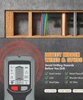 Stud Finder Wall Scanner 5 in 1-Electronic Stud Detector with LCD Display showing detection function for wires and studs.