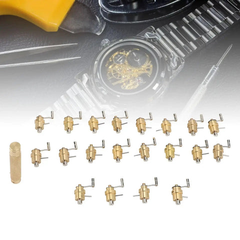 Pro Grade Brass Watch Winder Set For Precision Mainspring Winding, 20 Included, shown with tools and watch on leather surface