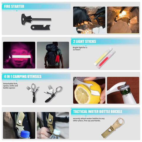 Fire starter, light sticks, camping utensils, tactical water bottle buckle in 236 Piece Survival Gear Kit with First Aid Medical Supplies, Tactical MOLLE Pouch, Outdoor Adventure Ready for Camping, Hiking, Hunting, Emergency Prep, Comprehensive 22 Tools Included