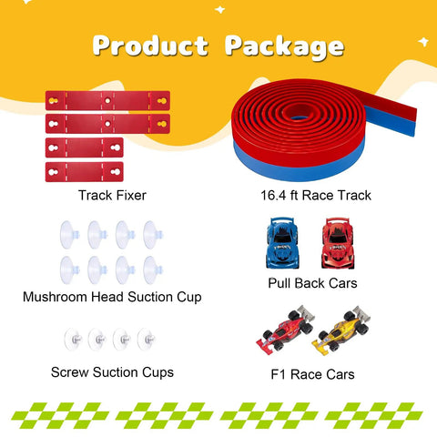 Flexible Sixteen Point Four Foot Bendable Race Track Set with suction cups, red and blue track, cars, and accessories for kids.