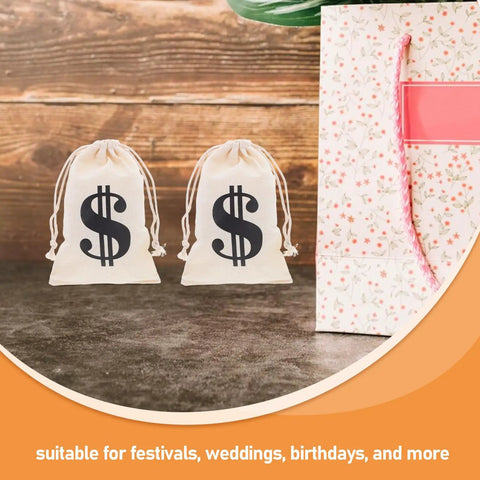 Beige Cotton Drawstring Gift Pouches With Money Sign For Cowboy Party Decor And Birthday Party Favors, 10x15cm displayed.