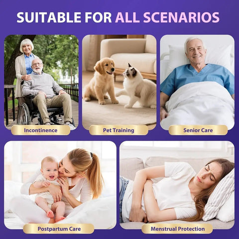 Image illustrating uses for Legit Heavy Duty Disposable Underpads 36X36 Inches 50 Pack including incontinence and pet training.