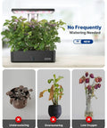 Indoor Hydroponics Growing System Kit With 12 Pods LED Grow Light Built In Fan Auto Timer Adjustable Height Up To 11.3 Inches shown with healthy plants and examples of under, over, and low oxygen watering issues.