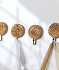 Four Pack Boho Rattan Wall Hooks Set With Distressed Wood Frames, Vintage Farmhouse Coat Rack Hangers with towels and bags