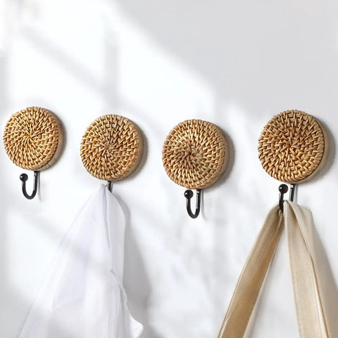 Four Pack Boho Rattan Wall Hooks Set With Distressed Wood Frames, Vintage Farmhouse Coat Rack Hangers with towels and bags
