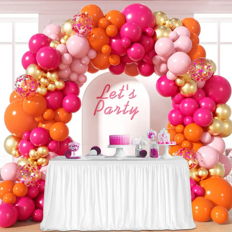 Hot Pink And Orange Balloon Arch Kit With Metallic Gold Confetti Balloons For Weddings Baby Showers And Birthday Parties Includes 37 Pink Balloons 37 Orange Balloons 35 Pastel Pink Balloons And 15 Gold Confetti Balloons In 5 And 10 Inch Sizes, shown as event backdrop.