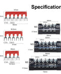 Dual Row Terminal Block Kit With Cover 4 5 6 Positions 600V 15A specification image showing dimensions and components