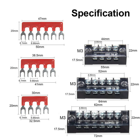 Dual Row Terminal Block Kit With Cover 4 5 6 Positions 600V 15A specification image showing dimensions and components