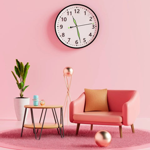 High Torque Quartz Clock Movement Kit with modern wall clock in pink living room setting with sofa and table