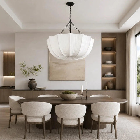 Finktonglan 19.7" White Pleated Fabric Chandelier, Farmhouse Pendant Light for Dining Room above wooden dining table.