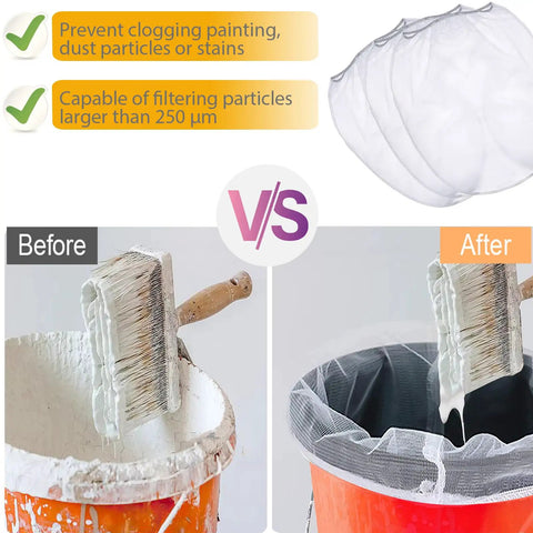 10 Pack 5 Gallon Paint Strainer Bags With Elastic Drawstring Fine Mesh Filters showing before and after paint straining