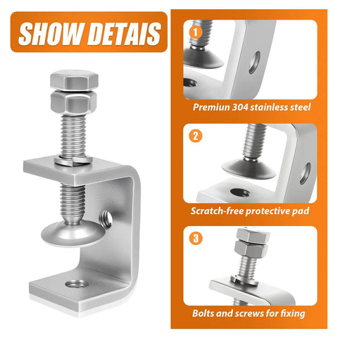 No Fuss 304 Stainless Steel C Clamps 2 Pack Big Jaw G Clamps detailing protective pad and fastening mechanism.