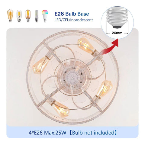 E26 bulb base for 20" Flush Mount Caged Ceiling Fan with Remote, Retro White Floral Iron Low Profile Fan Light Fixture, Bulbs Not Included.