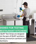 Worker testing sink with Quat Sanitizer Test Strips 100 Pack for Quaternary Sanitizing Solutions 0 to 500 Ppm Fast Dip and Read Test Kit