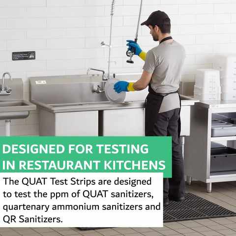 Worker testing sink with Quat Sanitizer Test Strips 100 Pack for Quaternary Sanitizing Solutions 0 to 500 Ppm Fast Dip and Read Test Kit
