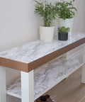 Table covered with Self-Adhesive Brown Marble Film For Walls Cabinets And Furniture Easy Peel And Stick Decor Wrap Budget Friendly DIY Renovations 26.5 X 78.7 Inches Easy To Apply.
