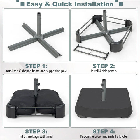 Assembly guide for Heavy Duty 200 Lb Umbrella Base with Two Sandbags for Market Patio and Poolside Use, showing steps 1 to 4.